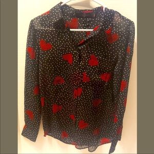 Love For Humanity long sleeve SHEER black blouse with polka dots & hearts